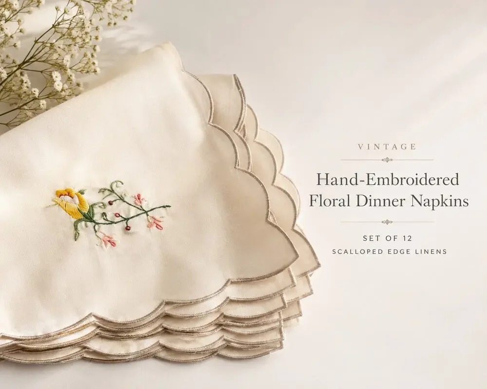 Vintage Hand Embroidered Floral Dinner Napkins Set 12 Scalloped Linen